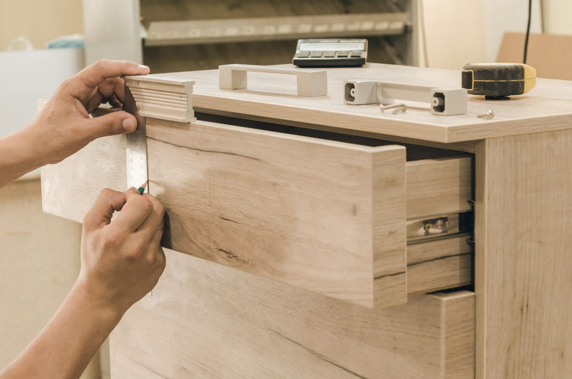 Person attaching drawer front to a wooden dresser in workshop.