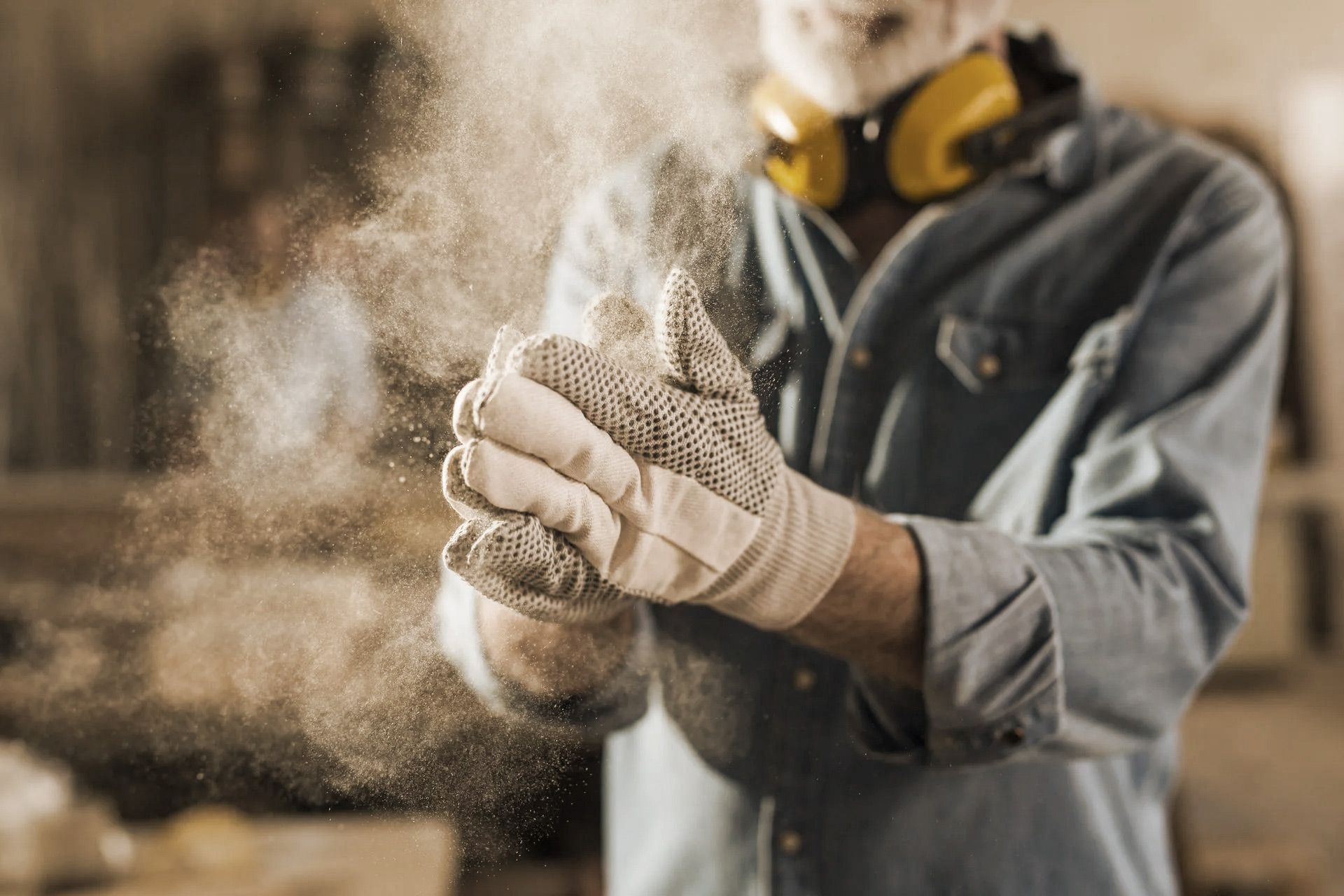 Person in workshop, clapping hands, releasing wood dust. Protective gear visible.