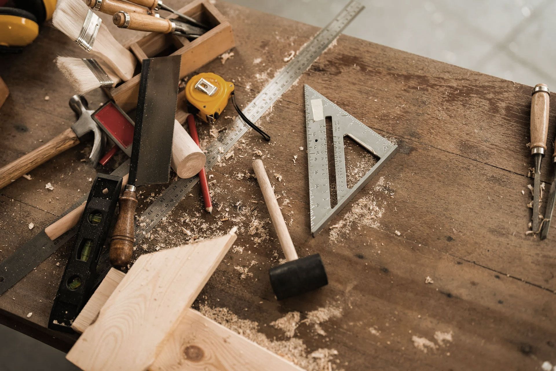 Wooden workbench covered in carpentry tools, wood scraps, and sawdust.