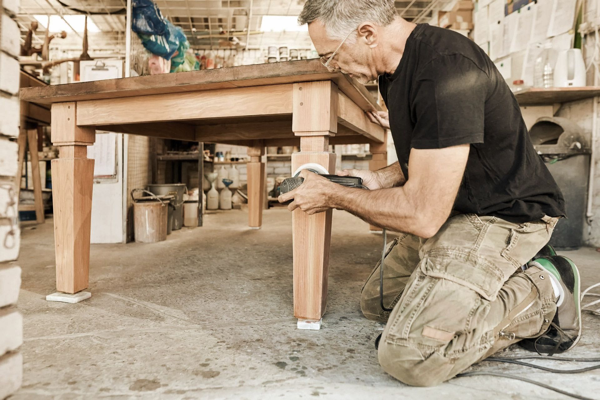 Man sanding table leg in a workshop. He kneels, using a power sander.