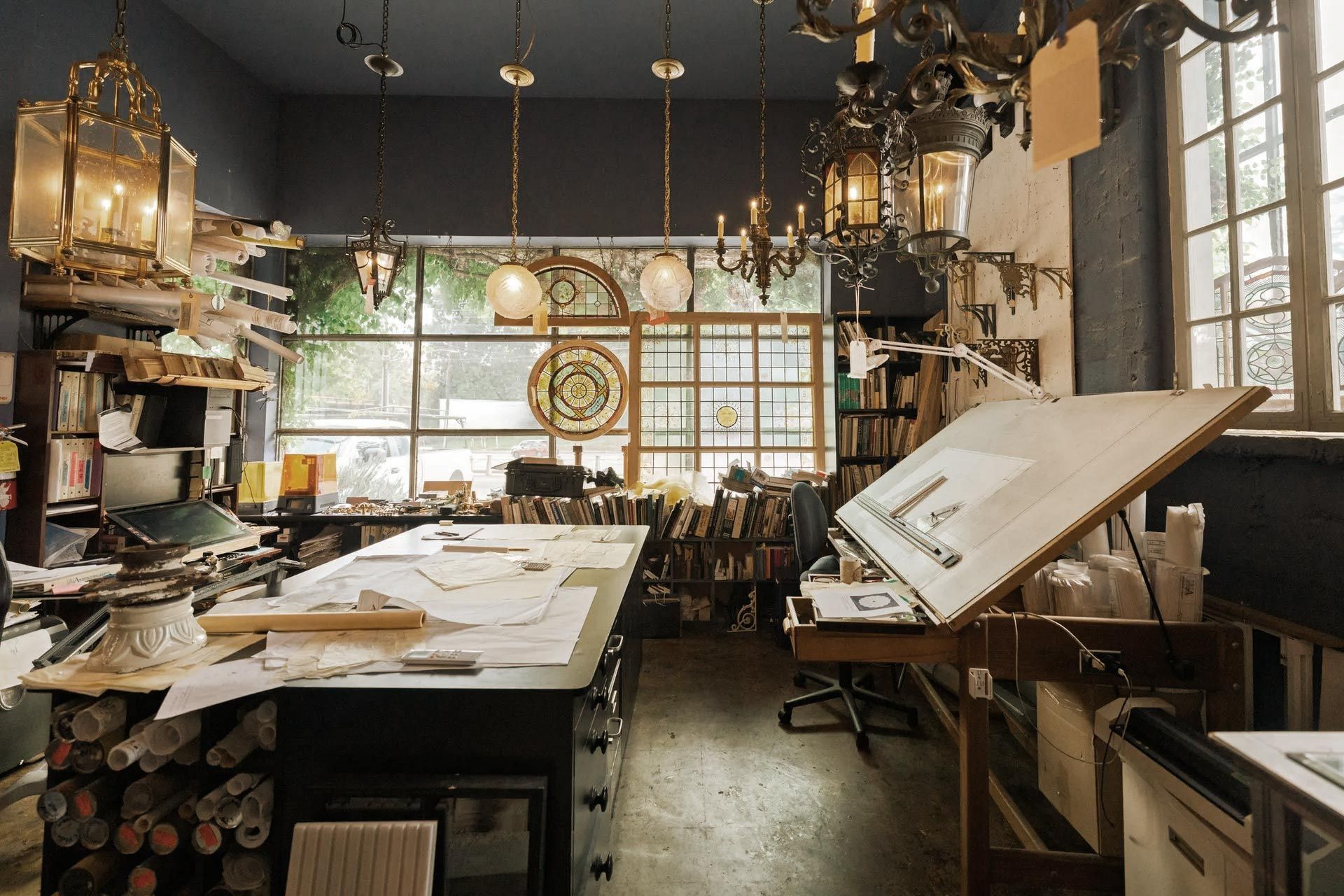 Architect's studio with drafting table, blueprints, and various lamps hanging from the ceiling.