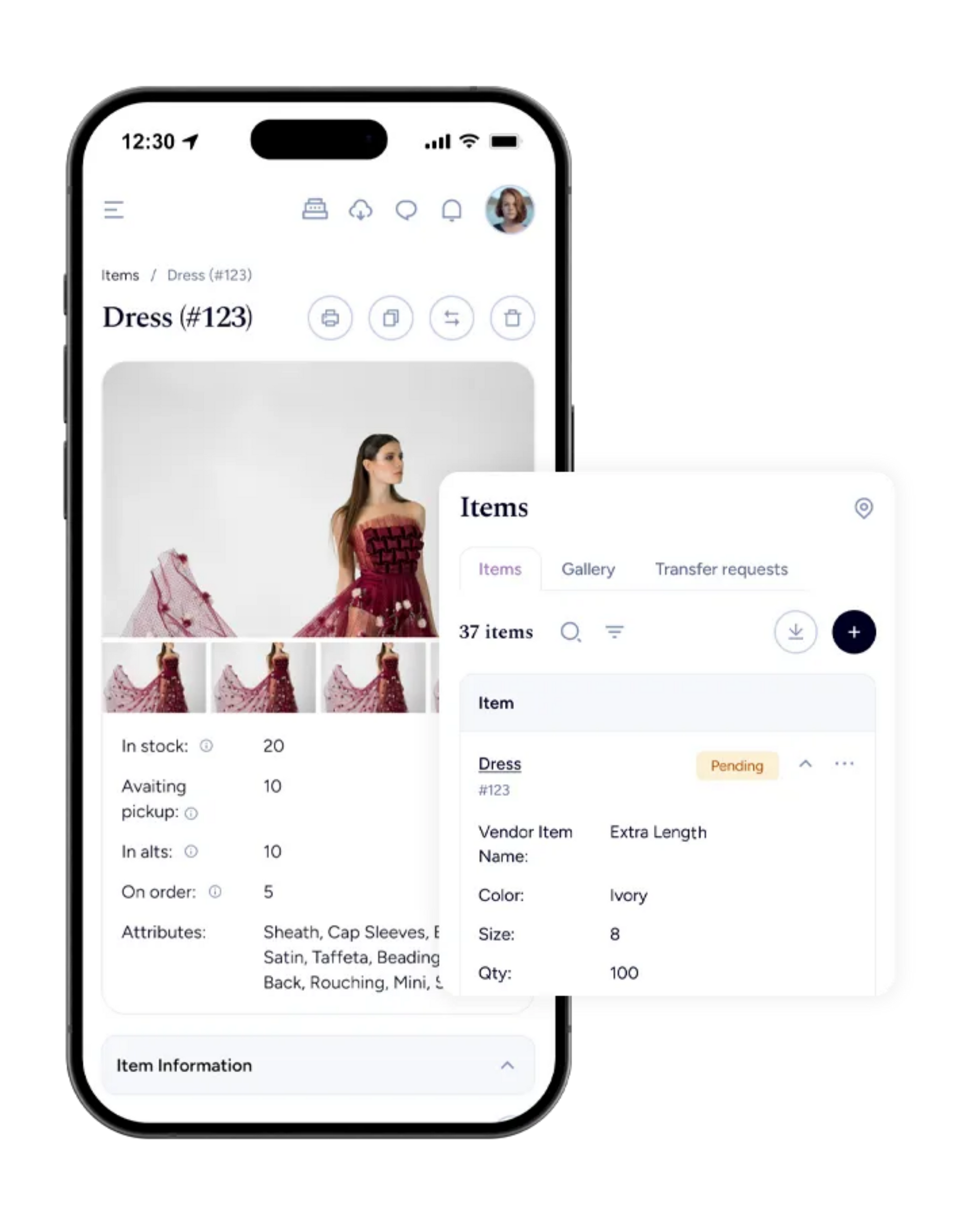 Smartphone app showing dress details, including photos and item specifications in a pop-up window.