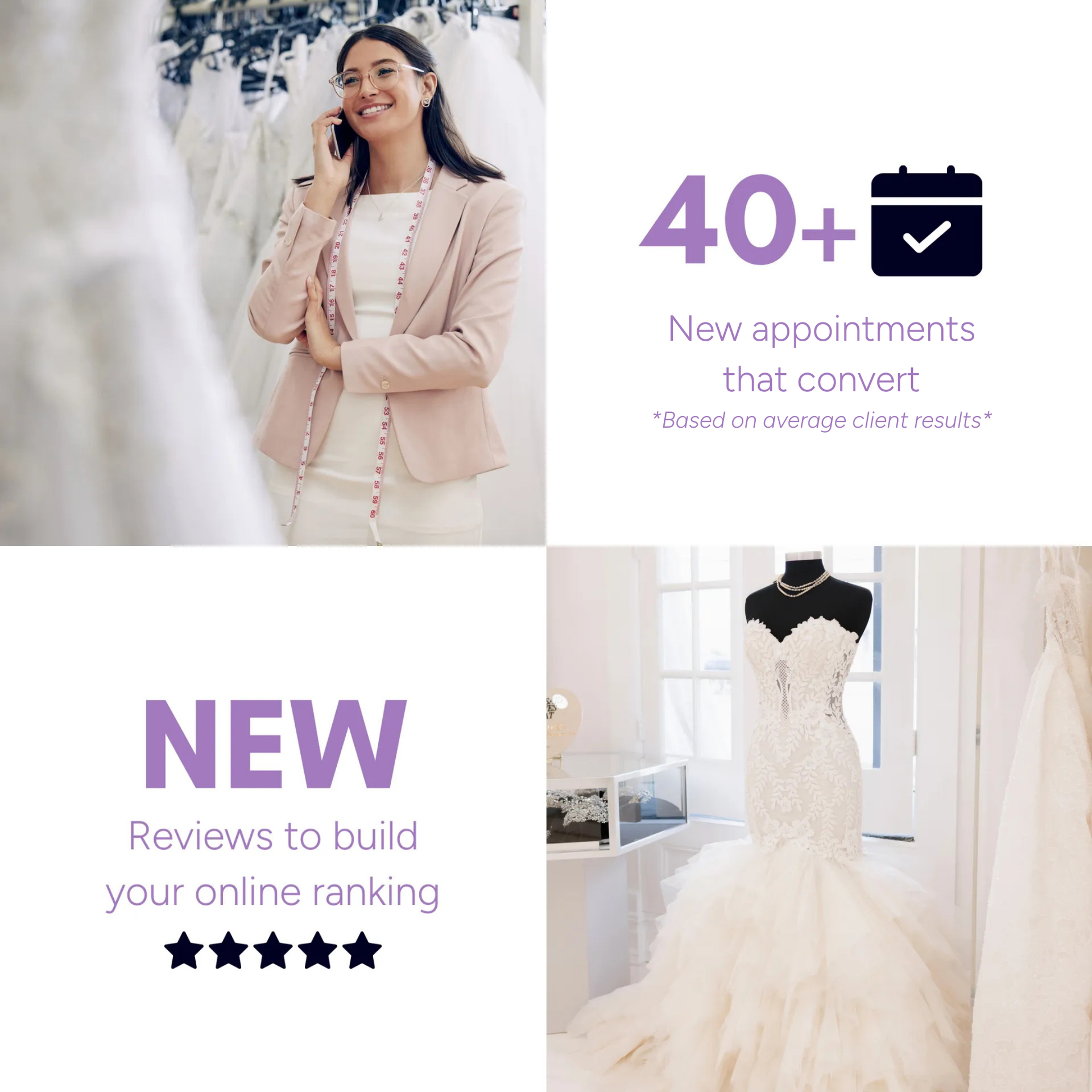 Wedding dress shop marketing: Woman on phone, dresses, appointments, and reviews.
