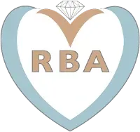 Logo: blue heart shape with "RBA" text, diamond, and tan shape.