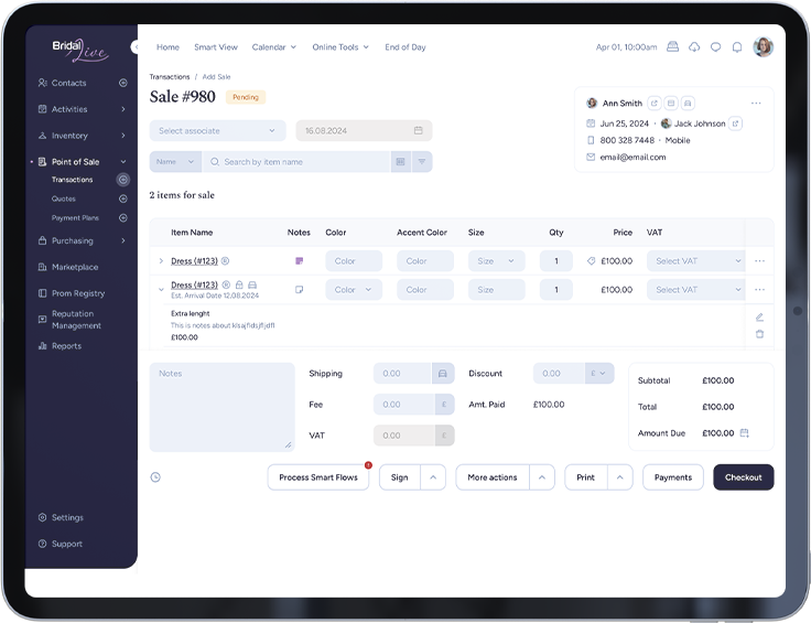 Tablet displaying a sales order interface with item details, pricing, and customer information.