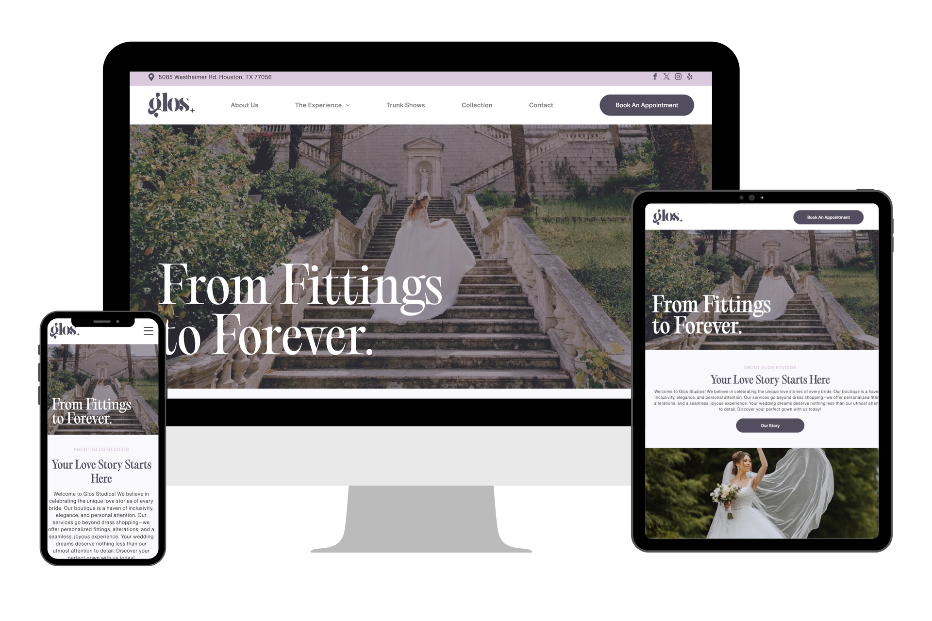 Wedding dress shop marketing: Woman on phone, dresses, appointments, and reviews.