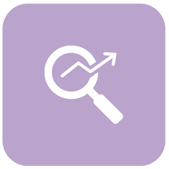 Magnifying glass with upward trending line graph.