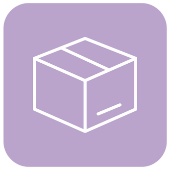White outline of a cardboard box on a light purple square background.