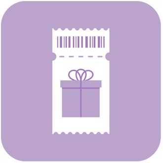 A light purple ticket with a barcode, dashed perforation, and a gift box icon.