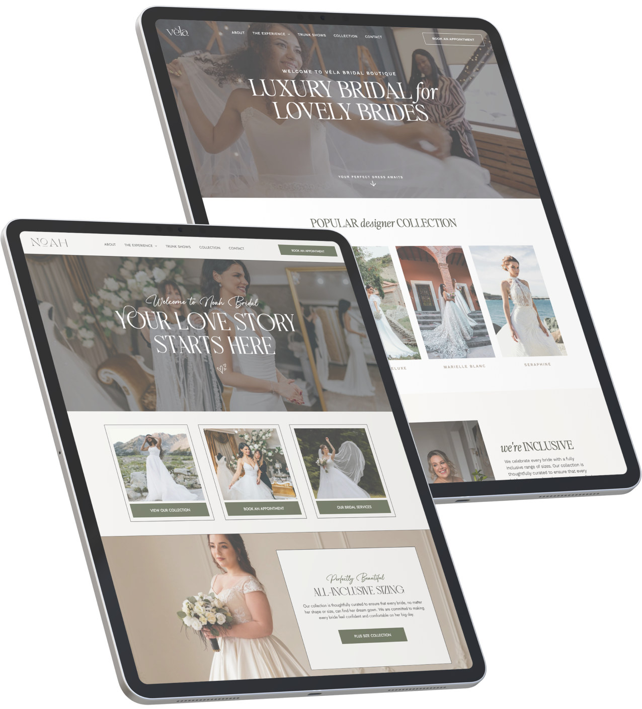 Two digital tablets displaying a wedding website with bridal gowns and photos.