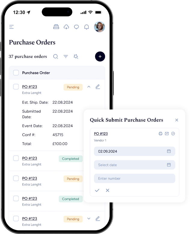 Mobile screen showing purchase orders list, a quick submit window is overlaid, showing date fields.