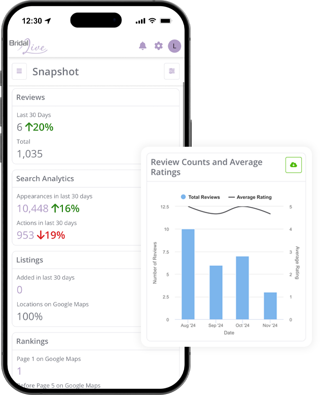 Smartphone app showing review and search analytics with a chart displaying review counts and ratings.