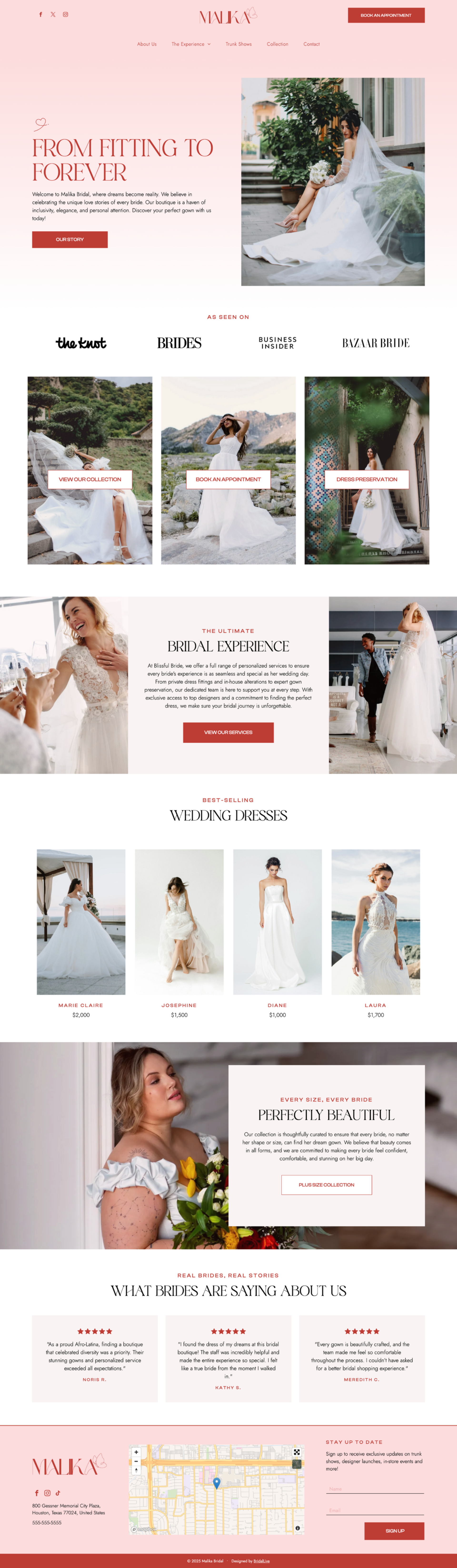 Website promoting wedding dresses, featuring photos of brides in various gowns.
