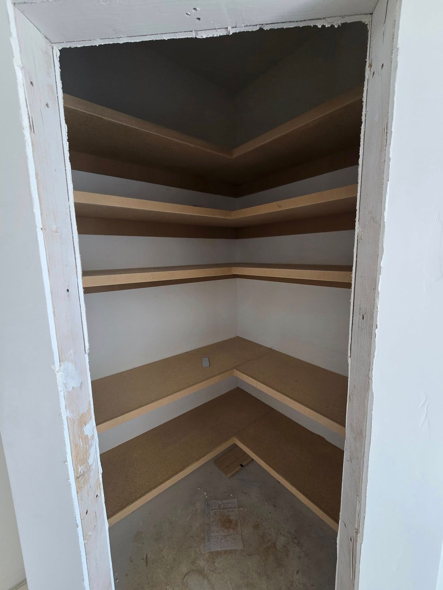 Empty pantry with angled corner shelves, white walls, and a door frame.