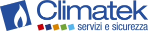 Logo Climatek con icona di una goccia d'acqua blu e quadrati multicolori, testo “servizi e sicurezza”