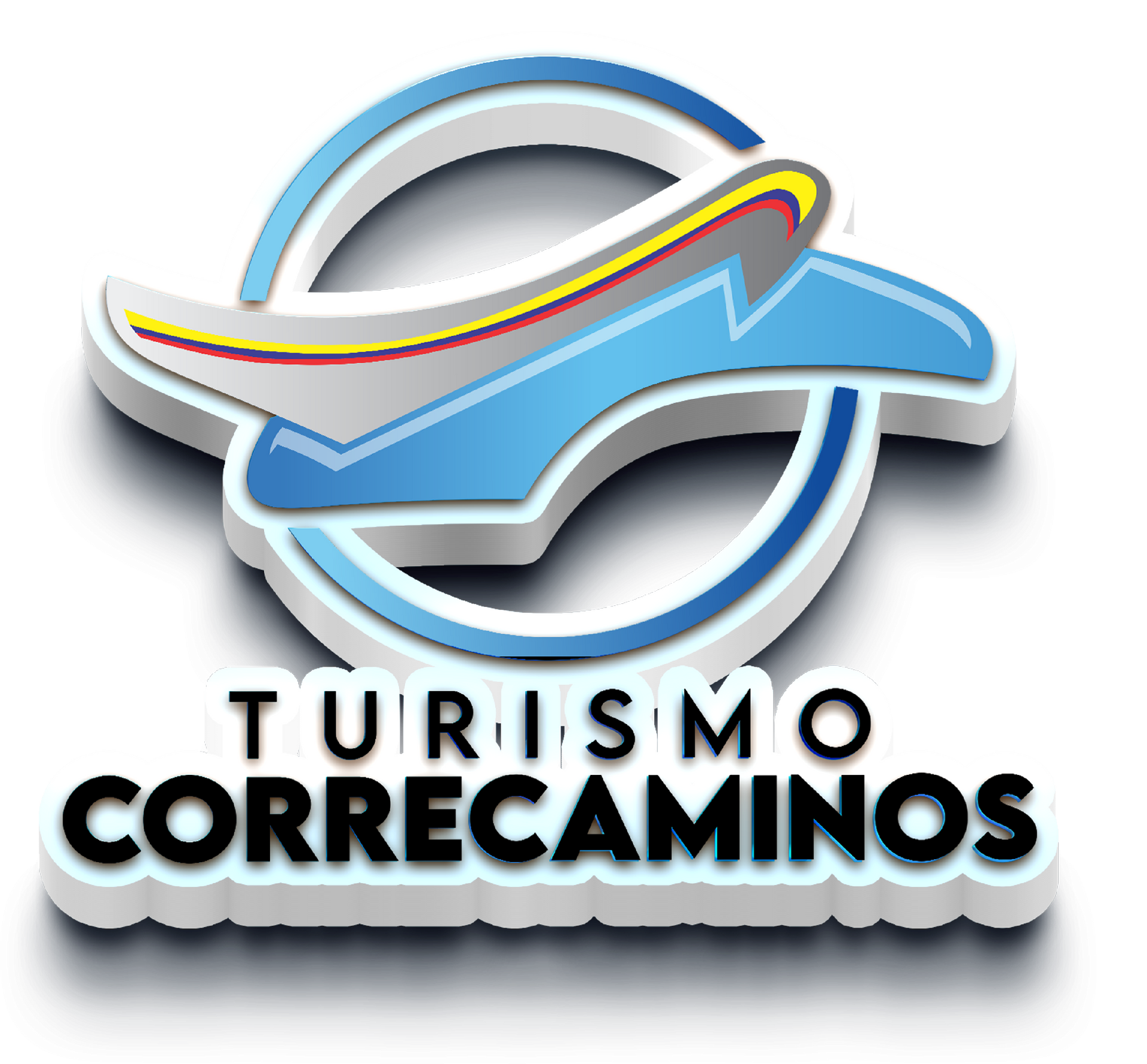 Logotipo para agencia de viajes Turismo Correcaminos: Figura de avión azul dentro de un círculo azul y blanco, texto blanco.