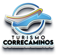 Logotipo para agencia de viajes Turismo Correcaminos: Figura de avión azul dentro de un círculo azul y blanco, texto blanco.