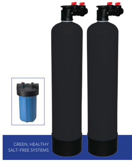 Two tall black water filtration tanks with a small blue filter in a box.