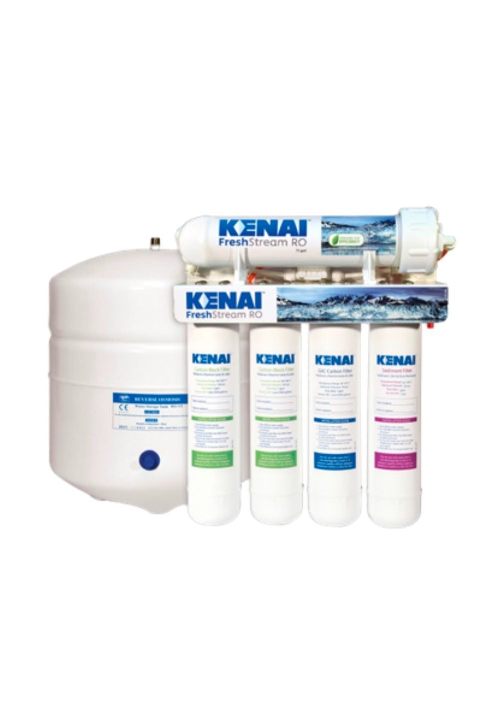 KENAI reverse osmosis water filter system with tank, white and blue.