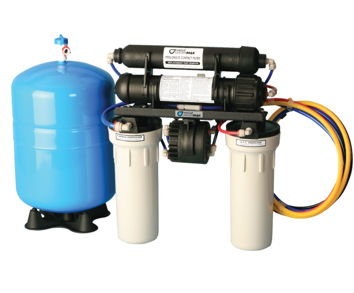 Reverse osmosis water filtration system with blue tank, black filters, and white canisters.