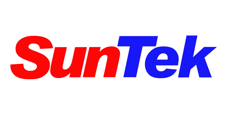 Le logo suntek est rouge et bleu sur fond blanc