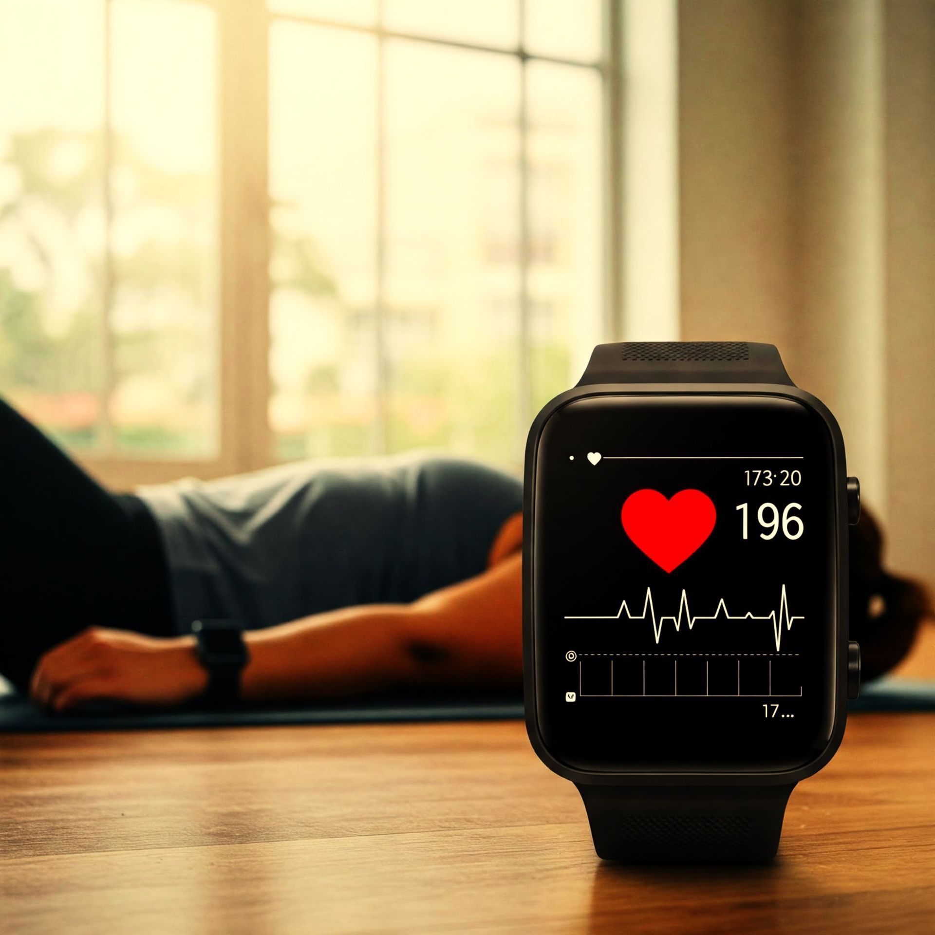 A smart watch displays a heart rate of 196