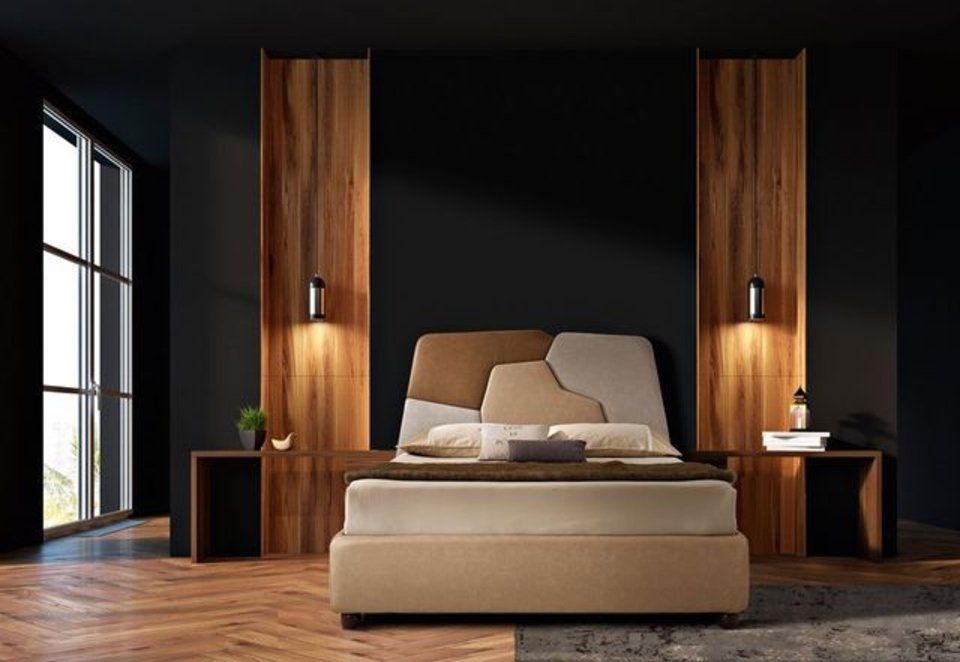 camera da letto con colonne in legno e faretti