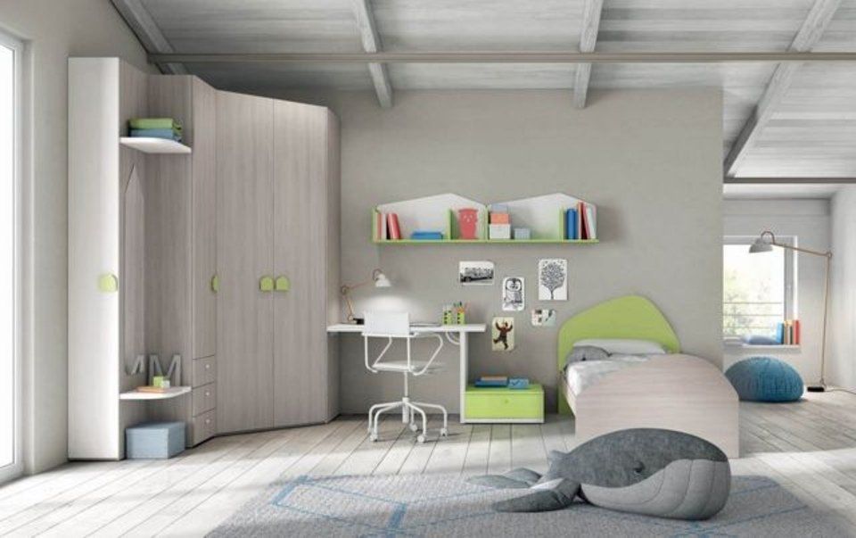 cameretta con arredi verde chiaro e armadio angolare