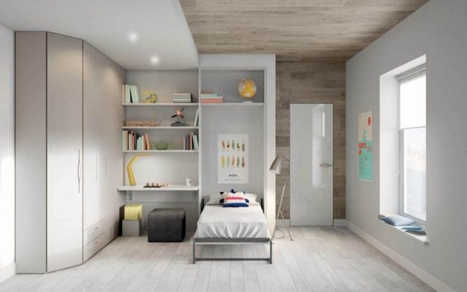 cameretta con letto singolo e arredi di colori neutri