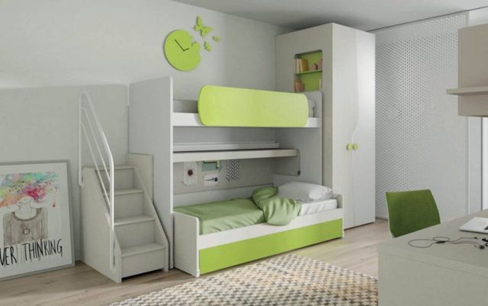 cameretta con due letti e arredi verdi