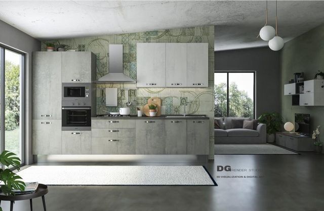 cucina con moduli effetto legno chiaro e parete con decorazioni verdi