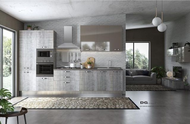 cucina lineare con moduli grigi effetto legno