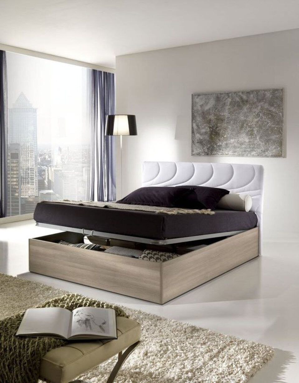 letto contenitore in legno con testiera bianca