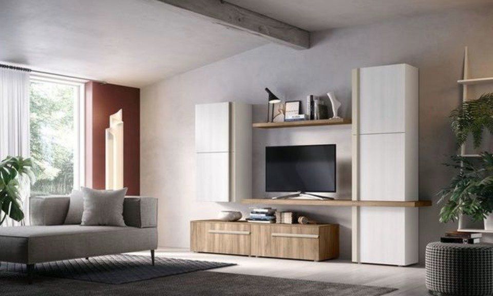 parete attrezzata con tv e moduli bianchi e in legno