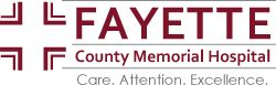 Logo for Fayette County Memorial Hospital in maroon and white. Text includes 