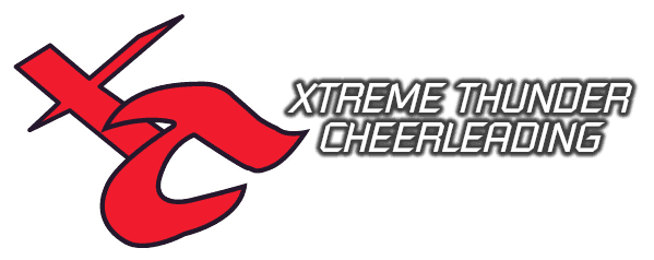 The logo for xtreme thunder cheerleading is red and white