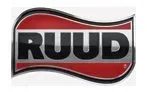 Logo for RUUD. Black text on silver in a red wavy background.