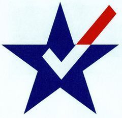 Blue star with white checkmark and red diagonal line.