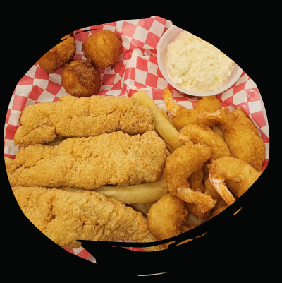 fried catfish, shrimp and huspuppies