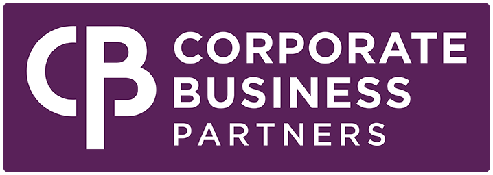 The logo for corporate business partners is purple and white.