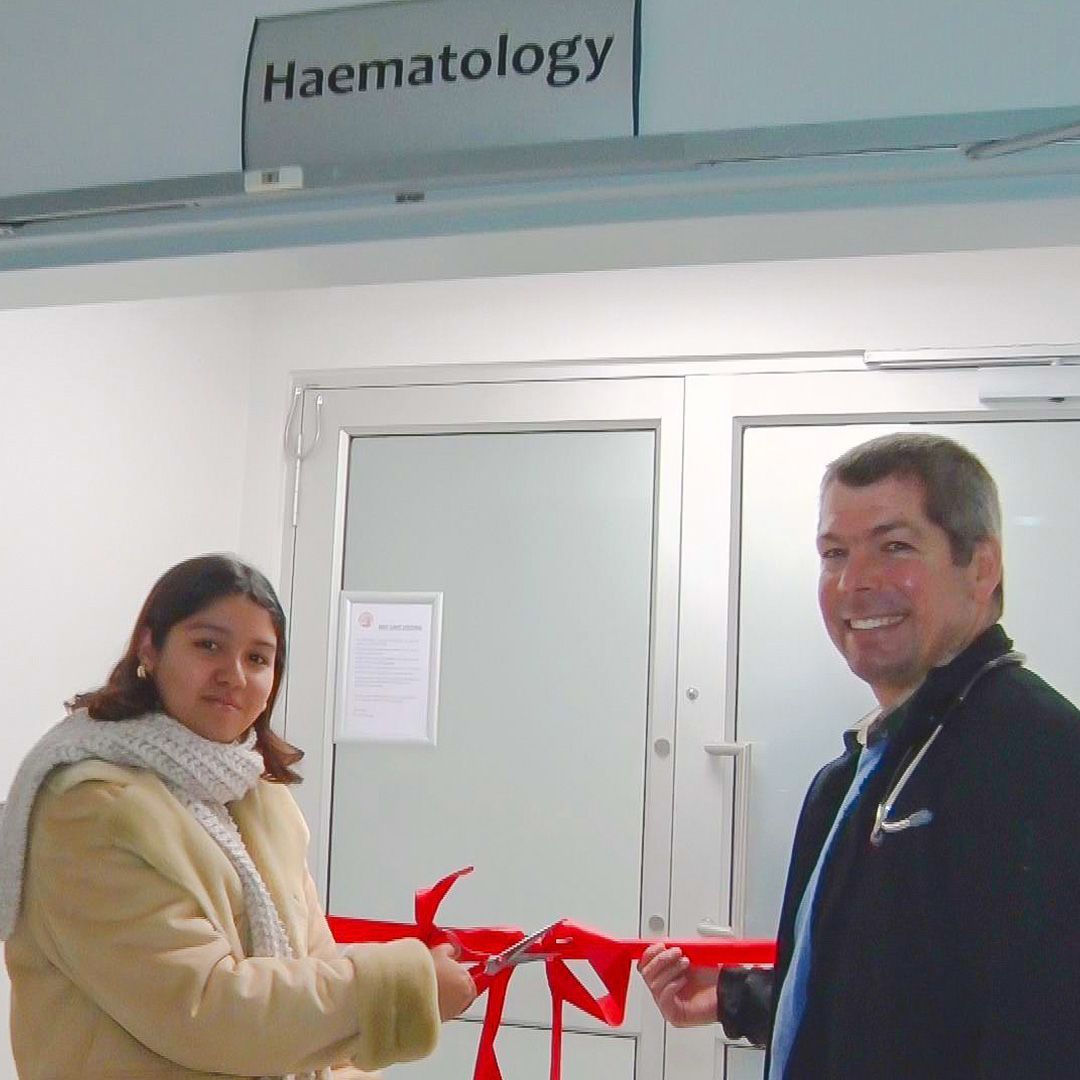 Today Joy is studying to be a doctor herself and  was recently invited to cut the ribbon at the launch of the expanded bone marrow transplant unit, where she is pictured with haematologist Dr Hannes Koornhof.