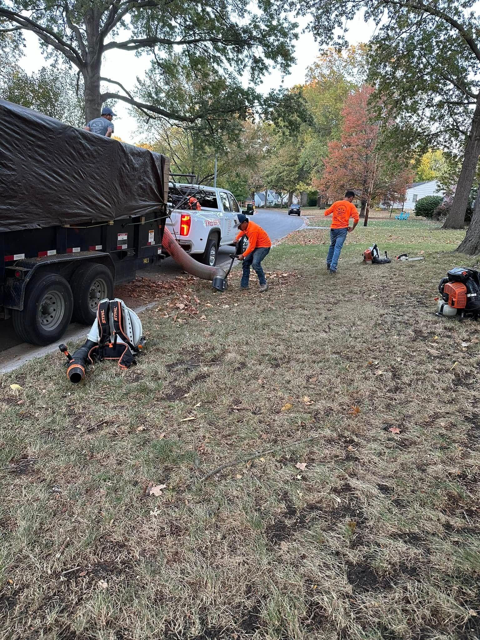 Workers blowing leaves into a dump truck, alongside a road lined with trees.