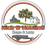 Logo for Nick-B-Hauling, featuring a lawnmower, tree, house, trailer, and the words 