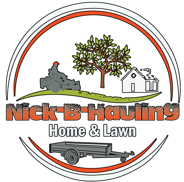 Logo for Nick-B-Hauling, featuring a lawnmower, tree, house, trailer, and the words