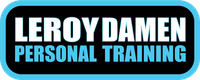 Een blauw en zwart logo voor Leroy Damen Personal Training