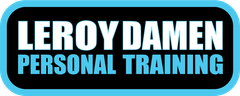 Een blauw en zwart logo voor Leroy Damen Personal Training