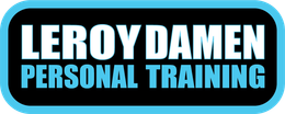 Een blauw en zwart logo voor Leroy Damen Personal Training