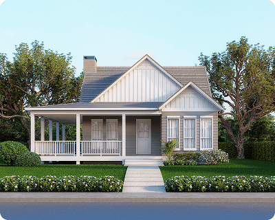 Gray cottage house with a porch, white trim, and a sidewalk lined with green bushes, under a blue sky.