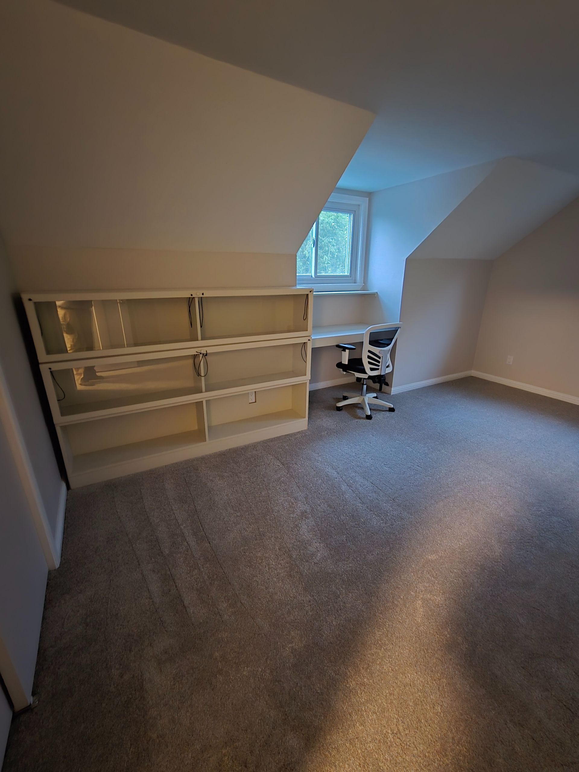 Empty room with built-in bookshelves and desk under a sloped ceiling. Carpeted floor, window in the back.