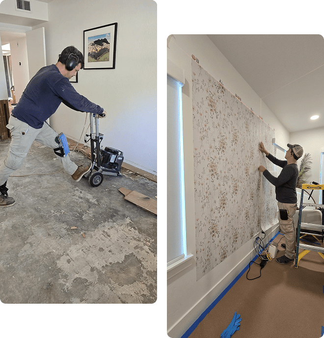 Two photos: man using floor sander; other man hanging patterned wallpaper on a wall.